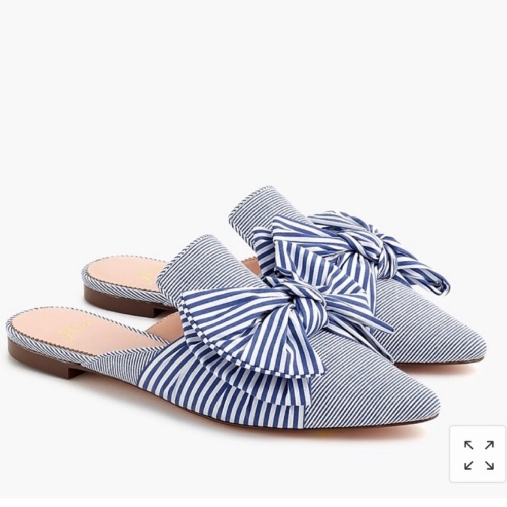 J. Crew 9.5 Marina Pointed Toe Bow Slides in striped fabric preppy flats slip on